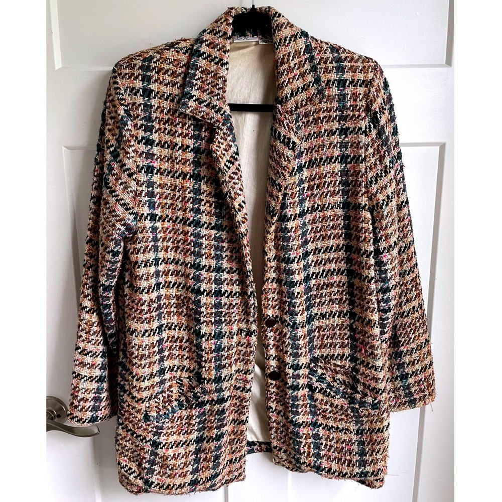 VTG Fashion Options 100% Silk Tweed Blazer Donegal Confetti Plaid Jacket